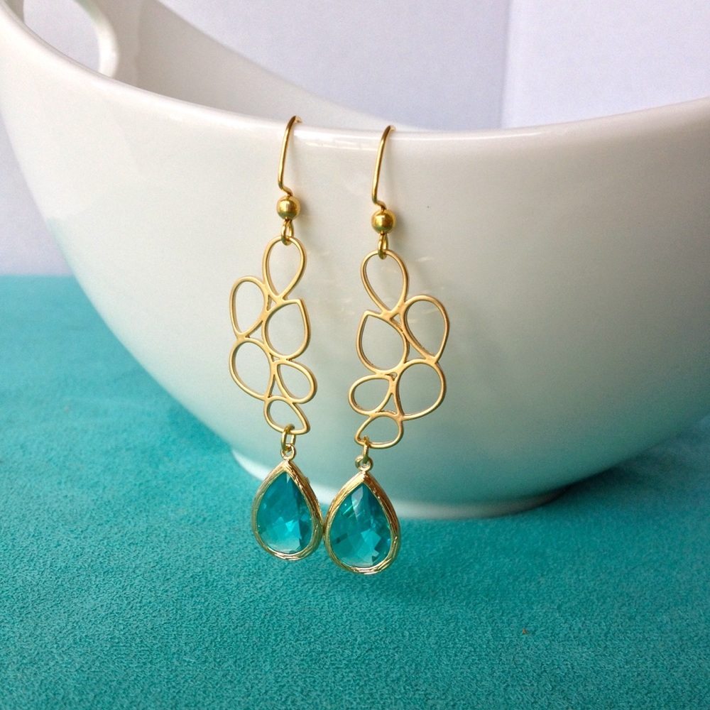 Hand Crafted Gold Cluster Teardrop Earrings in Ocean Blue